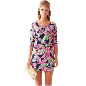 Lilly Pulitzer Cara Blouson Dress In The Vias Print Navy Pink Green Leaf Large